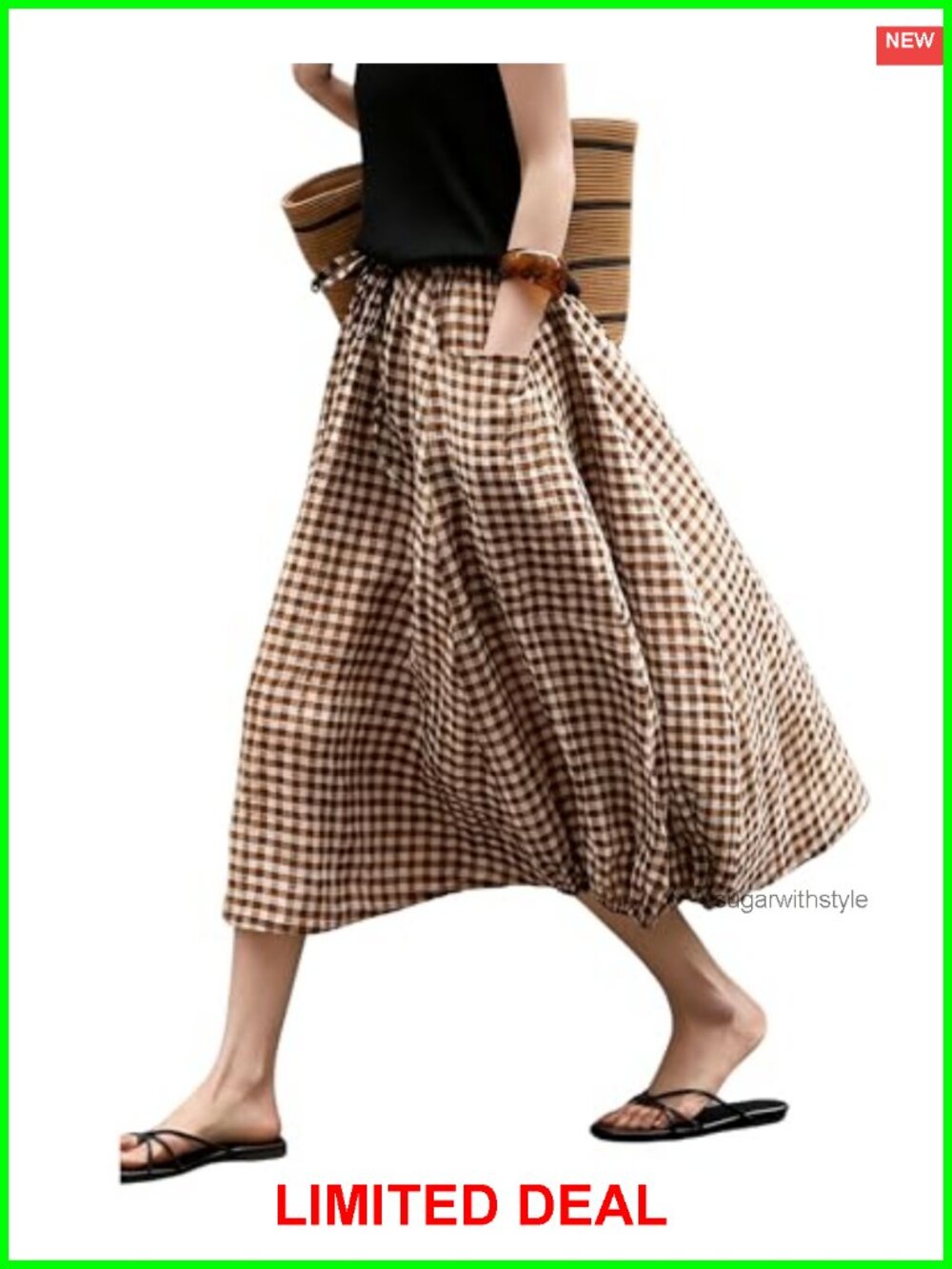 Vintage Plaid A-Line Midi Skirt Elastic Waist Swing Pleated Pockets